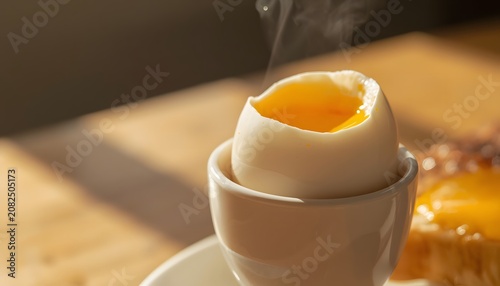 Soft-Boiled Egg in a Ceramic Egg Cup with Rising Steam