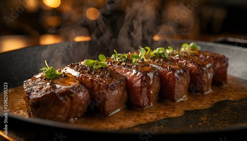 Sizzling Steak Bites Served in a Hot Cast Iron Skillet