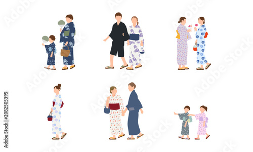 夏祭りや花火大会に行く浴衣姿の人物セット