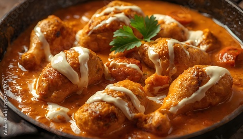 Creamy butter chicken curry in a skillet with yogurt swirl and fresh cilantro