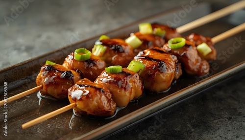 Japanese chicken yakitori skewers grilled with teriyaki sauce and green onions