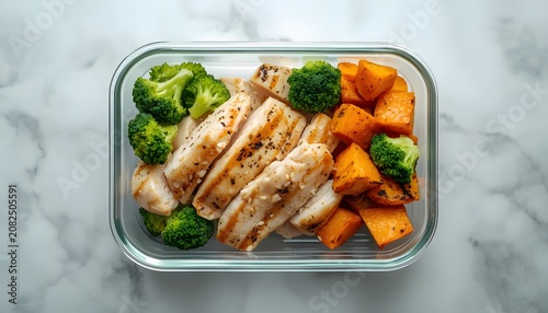 Healthy meal prep container with grilled chicken, broccoli, and sweet potatoes