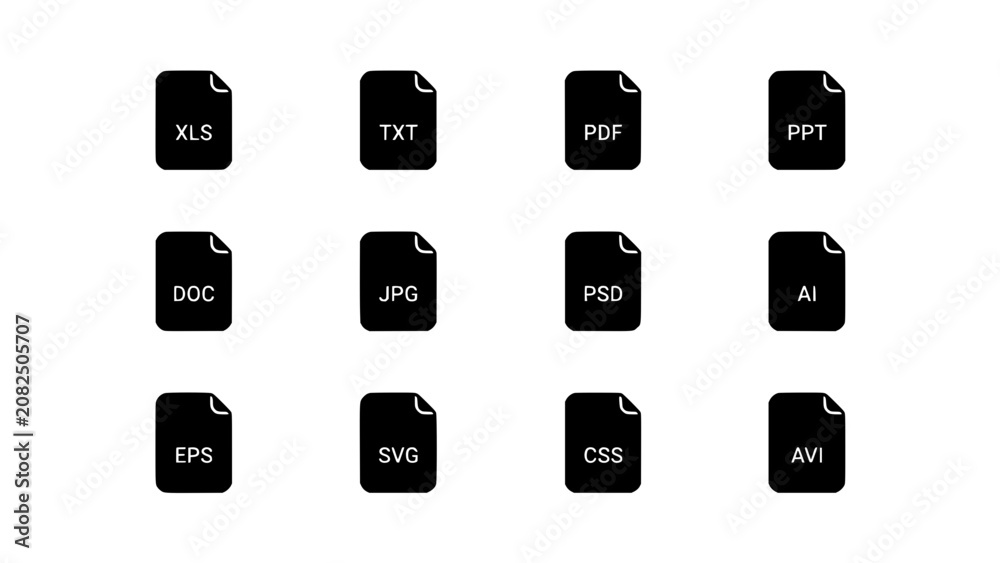 Fototapeta premium Collection of twelve common file type icons arranged in a 4x3 grid, representing digital documents and formats