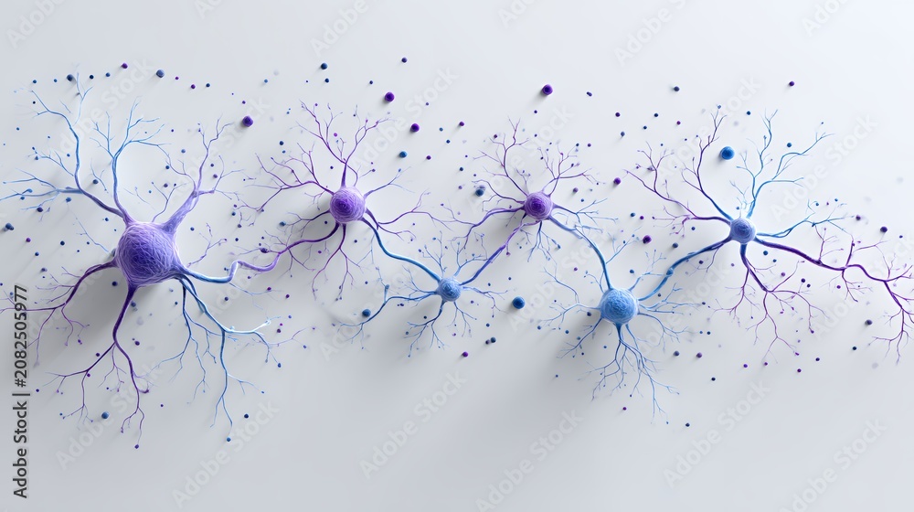 Fototapeta premium High resolution 3d rendering of a glowing purple neural network illustrating brain cells communication for artificial intelligence.