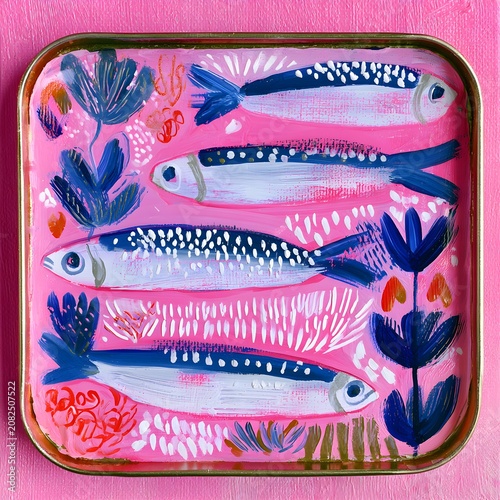 Brightly painted fish tray on pink background