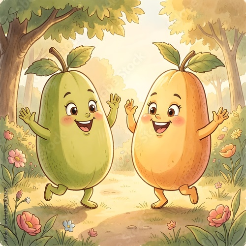Happy cartoon fruits in a sunny forest
