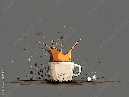 Coffee splash in a white cup on wooden surface