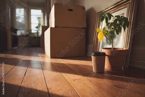 Cozy interior with plants and coffee cup
