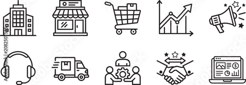Business and E-commerce Line Icons Set. Marketing, Finance, Customer Support, and Delivery Services Concept