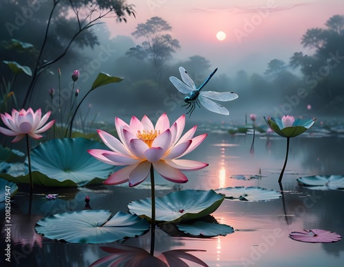 Lotus flowers at sunrise in tranquil landscape