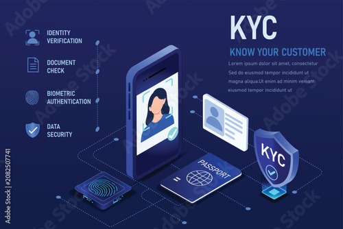 Digital KYC Process Illustration Featuring Identity Verification and Biometric Authentication in a Secure Online Environment