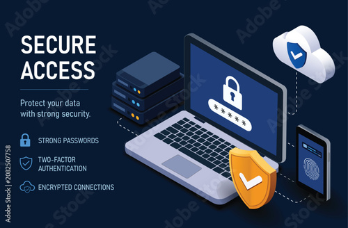 Secure Access Concept with Laptop, Cloud, and Smartphone Illustrating Strong Data Protection and Cybersecurity Measures