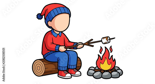 Child roasting marshmallows over a campfire on a log.