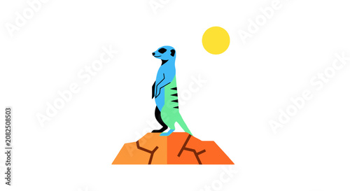 Colorful meerkat standing on a rock under the sun.