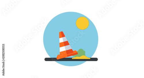 Bright orange traffic cone under sunny sky illustration.