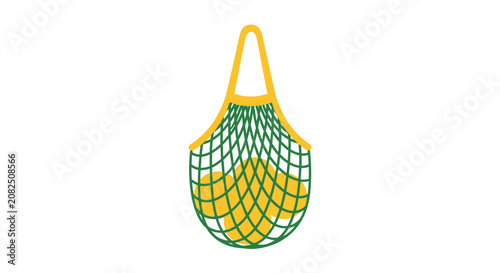 Colorful mesh produce bag with yellow handles.