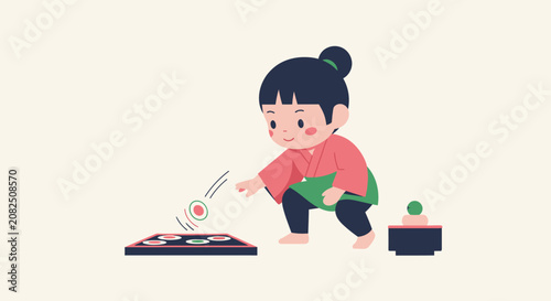 Young girl playing with colorful spinning top toy.