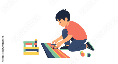 Child playing with colorful building blocks on floor.