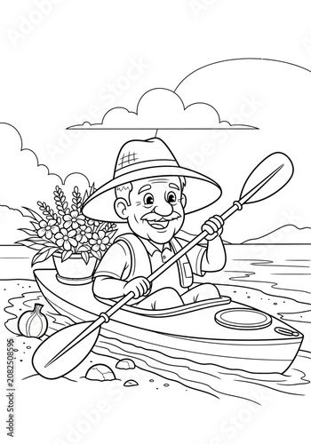 Elderly man kayaking with plants and paddle on calm water.