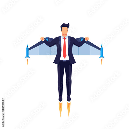 Businessman Flying with Jetpack Wings for Success