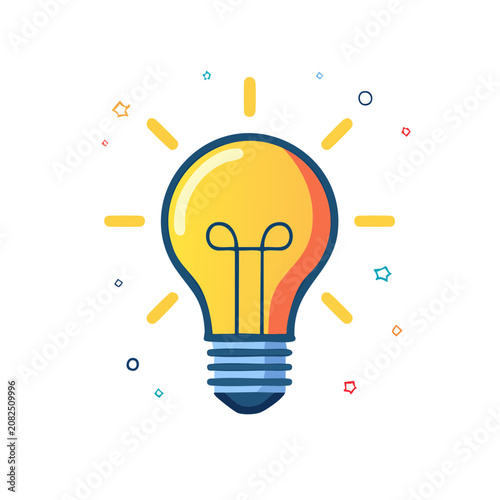 Flat design light bulb icon with glowing rays
