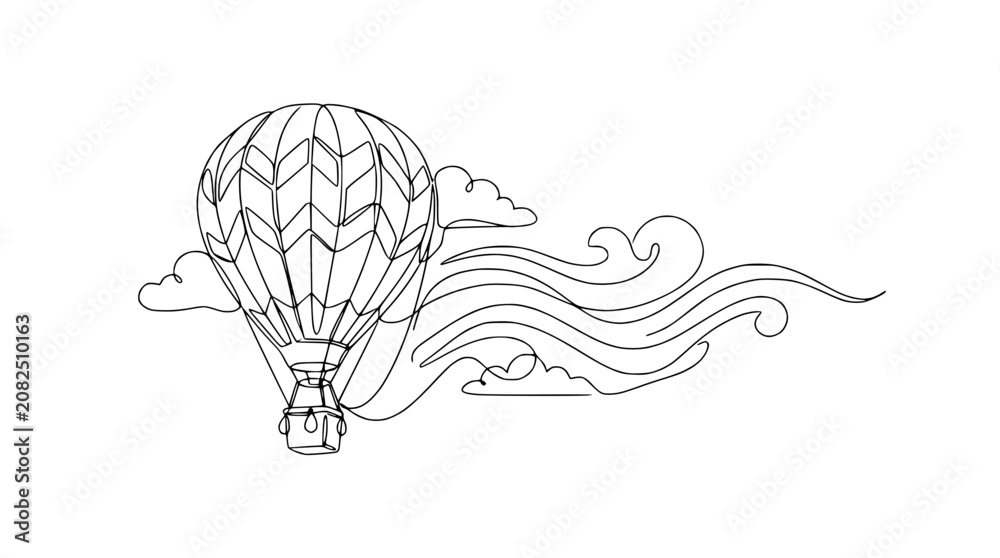 Fototapeta premium Hot Air Balloon Flying Through Clouds, Whimsical Line Art Design