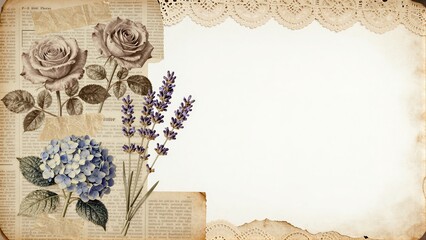 Vintage floral collage on aged paper with lace trim, romantic and nostalgic charm.