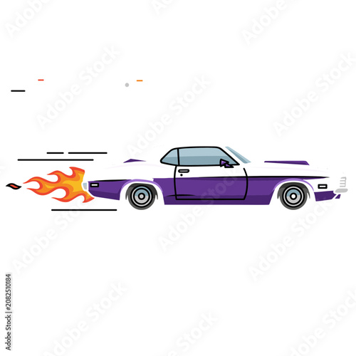 Purple and white muscle car with flames illustration