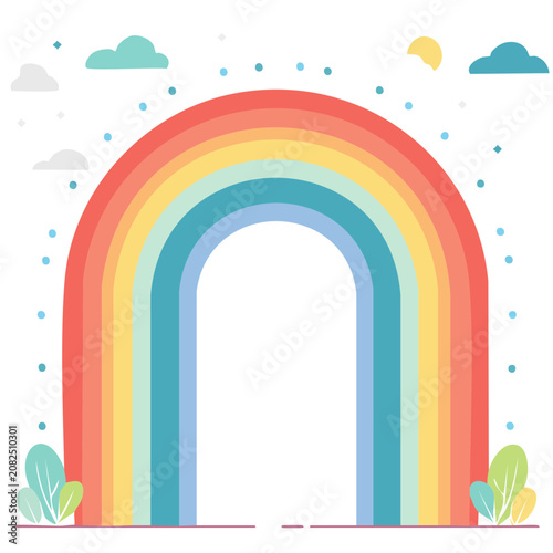 Colorful rainbow arch with clouds and raindrops