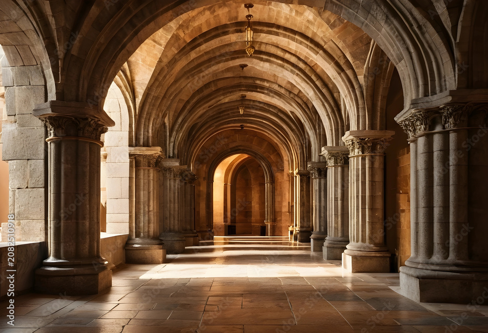 Obraz premium Stone arch corridor with warm natural lighting