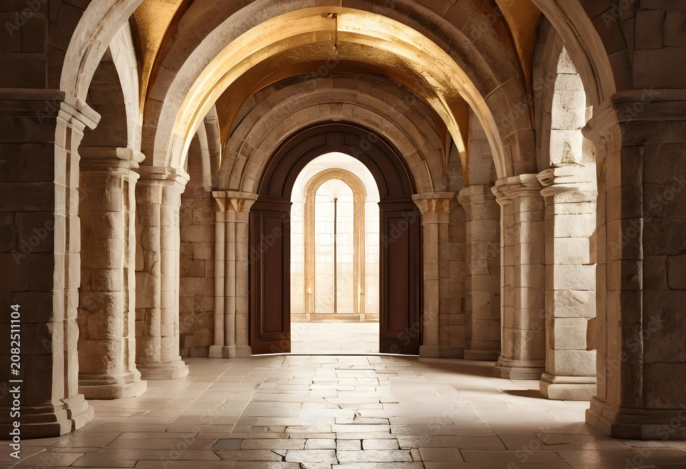 Fototapeta premium Stone archway corridor with open wooden doors and warm lighting