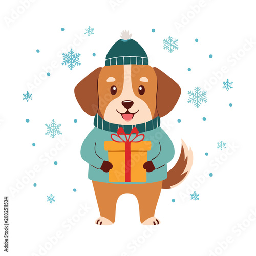 Cute beagle dog holding a gift box in winter clothes