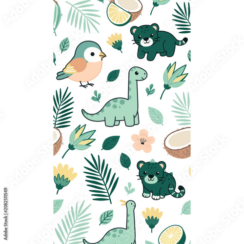 Cute cartoon animals and plants pattern