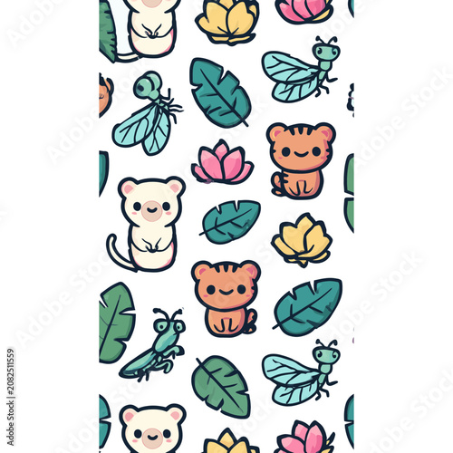 Cute cartoon animals and tropical leaves pattern