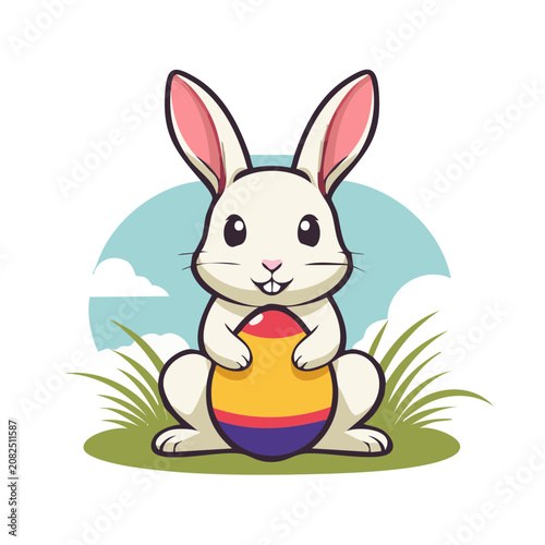 Cute cartoon rabbit holding colorful Easter egg