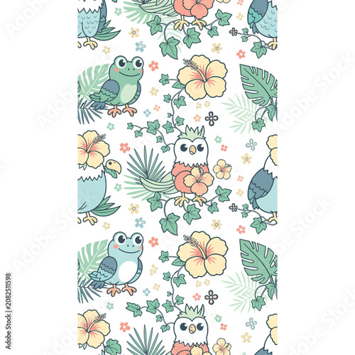 Cute cartoon birds and frogs with tropical flowers
