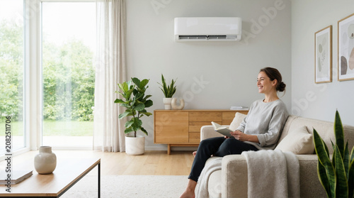 Happy woman reading a book on a sofa under a wall mounted air conditioner. Modern living room interior with fresh indoor air quality. Climate control and comfort at home