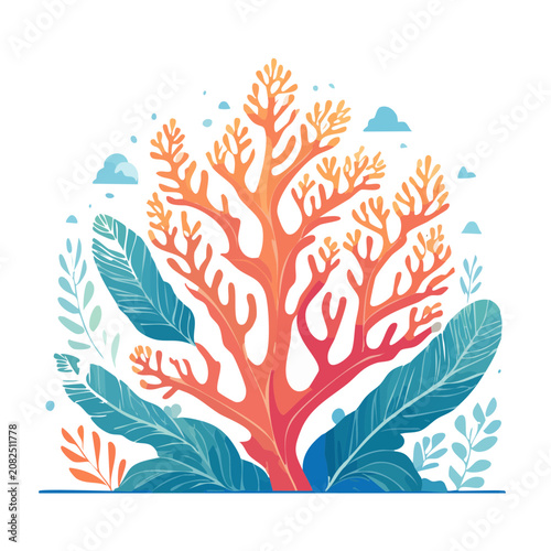 Stylized coral reef plant with leaves and clouds