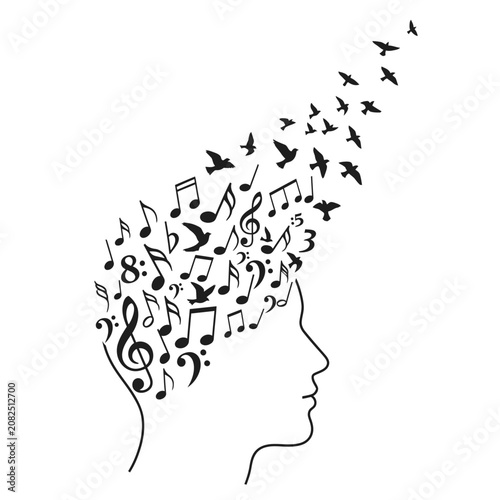 Human head silhouette with music notes and flying birds