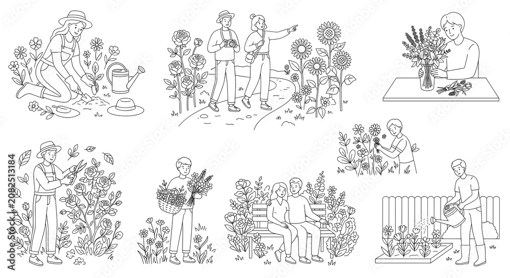 Obraz premium People enjoying and arranging flower outline vector illustration set. Line art characters working in garden, cutting bouquet and relaxing in nature.