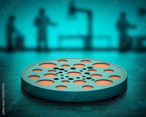 High-Tech Medical Disc in Futuristic Laboratory with Blurred Scientists in Background and Circuit Board Overlay