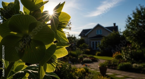 sunny garden with house and green flowers