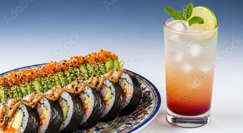 sushi rolls with avocado and drink