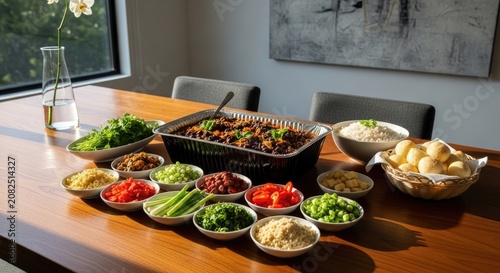 taco bar with various toppings on wooden table