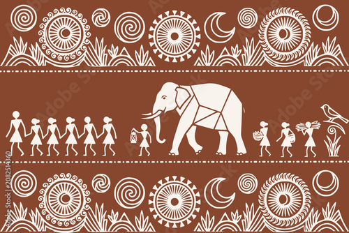 Quadro em tela Traditional folk art illustration of a Thai or Indian elephant walking with vill