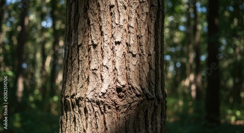 A close-up view of a mature tree trunk in a dense forest with textured bark in sharp focus and a softly blurred woodland background. The natural composition highlights the strength