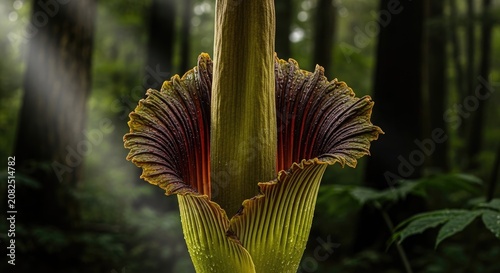Exotic titan arum flower emerging in a tropical rainforest, showcasing its dramatic bloom, unique structure, and striking botanical beauty