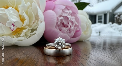 wedding rings and flowers on wooden table