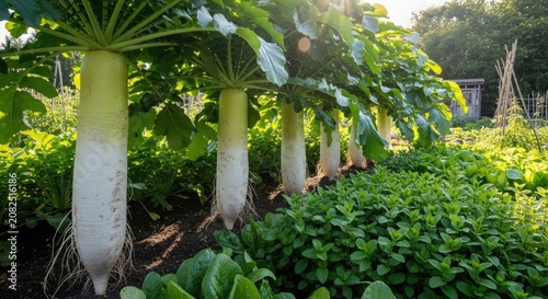 White radish plants growing in the garden
