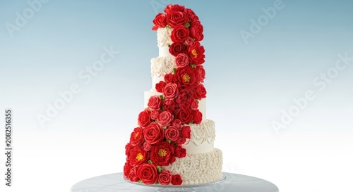 White wedding cake with red roses on blue background